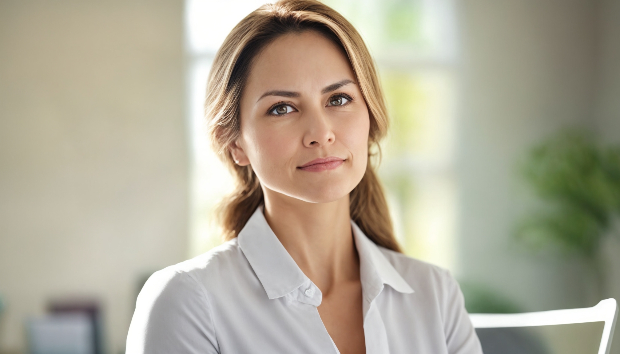 Women's health consultant reviewing patient documents at a clinic desk