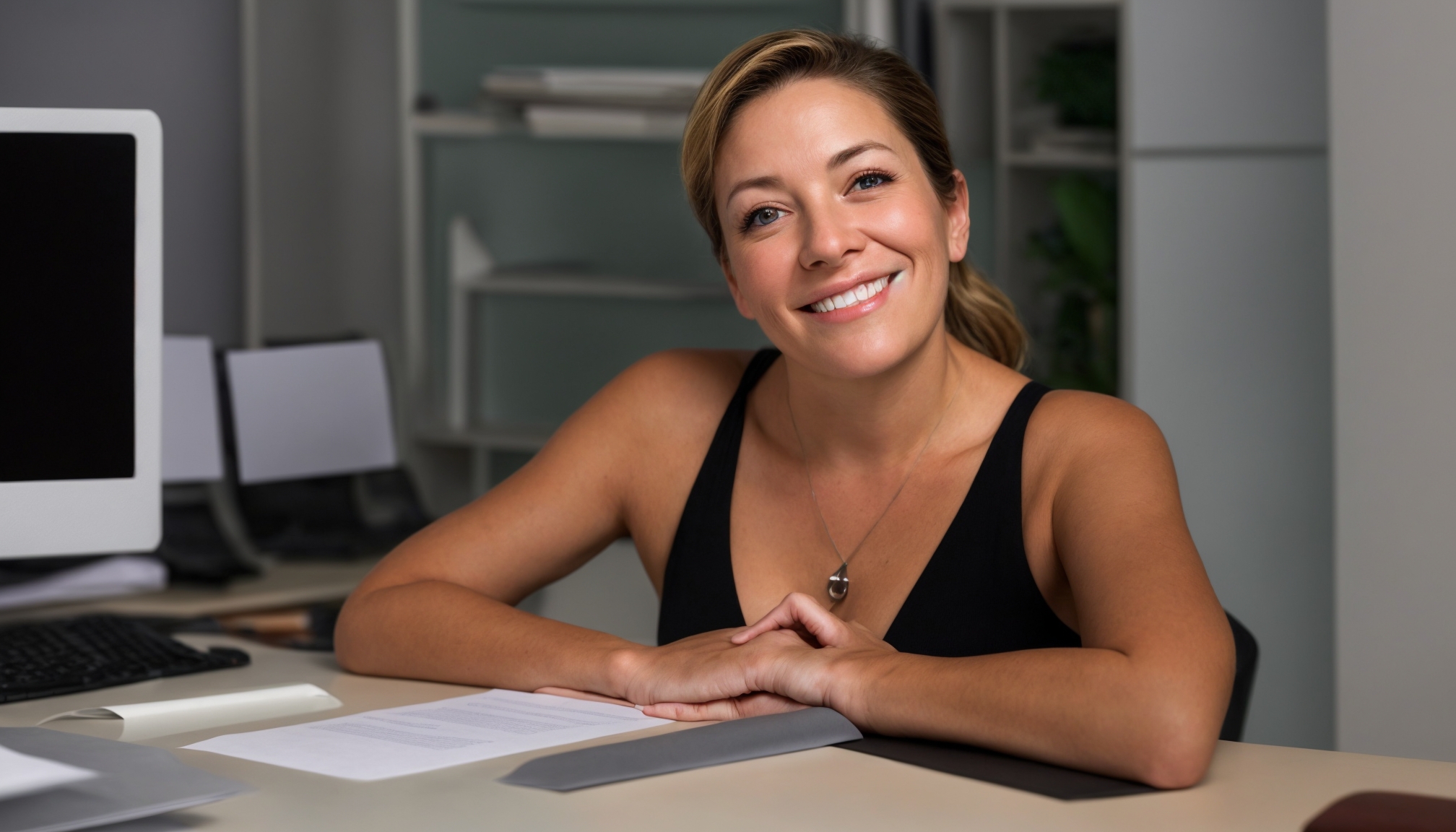 Adult woman consultant sitting behind a sleek desk, smiling and looking at the camera