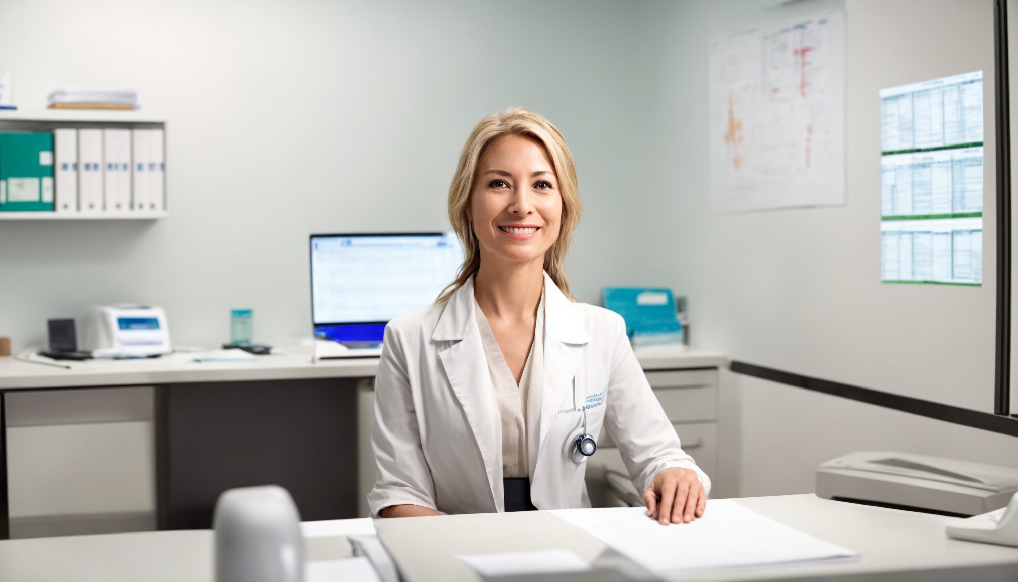 Female health consultant reviewing patient charts at modern medical desk