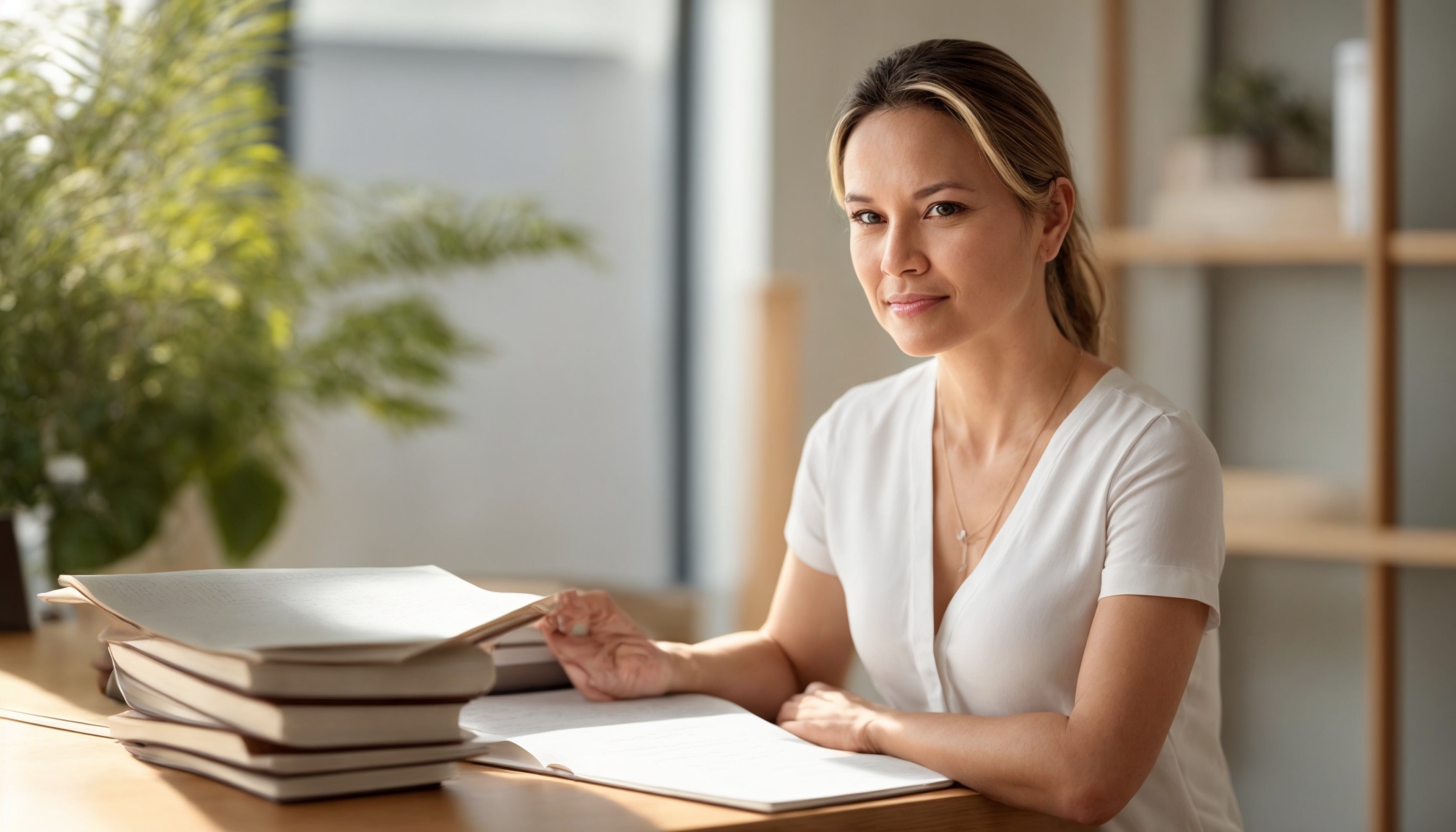 Women's holistic health consultant reviewing wellness journal and lab reports at a consultation desk