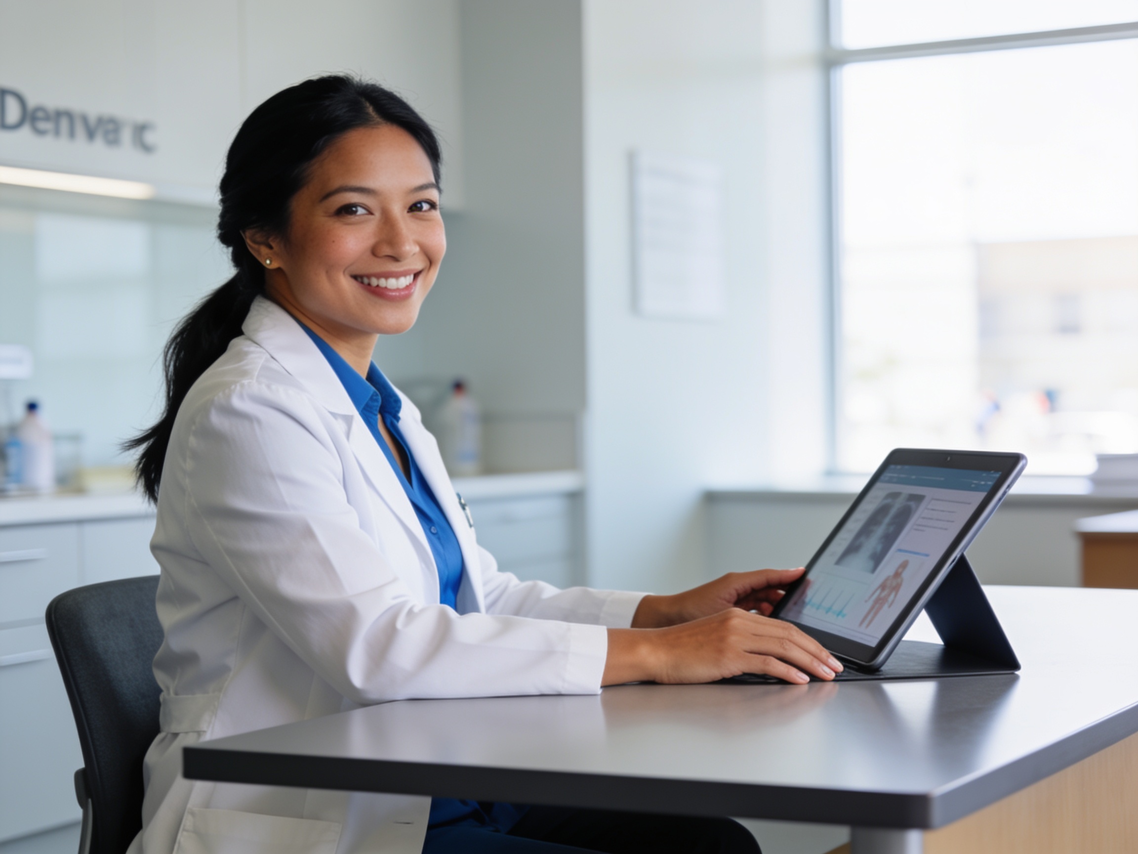American doctor reviewing digital health records for women's health benefits