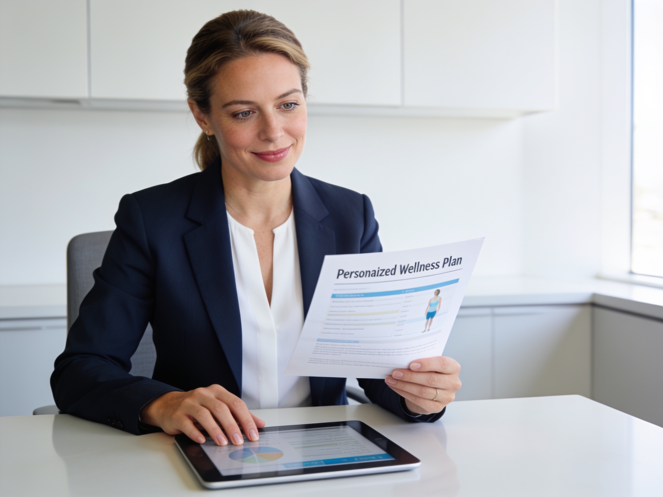 American professional woman reviewing women health consultant guide on tablet in Denver office