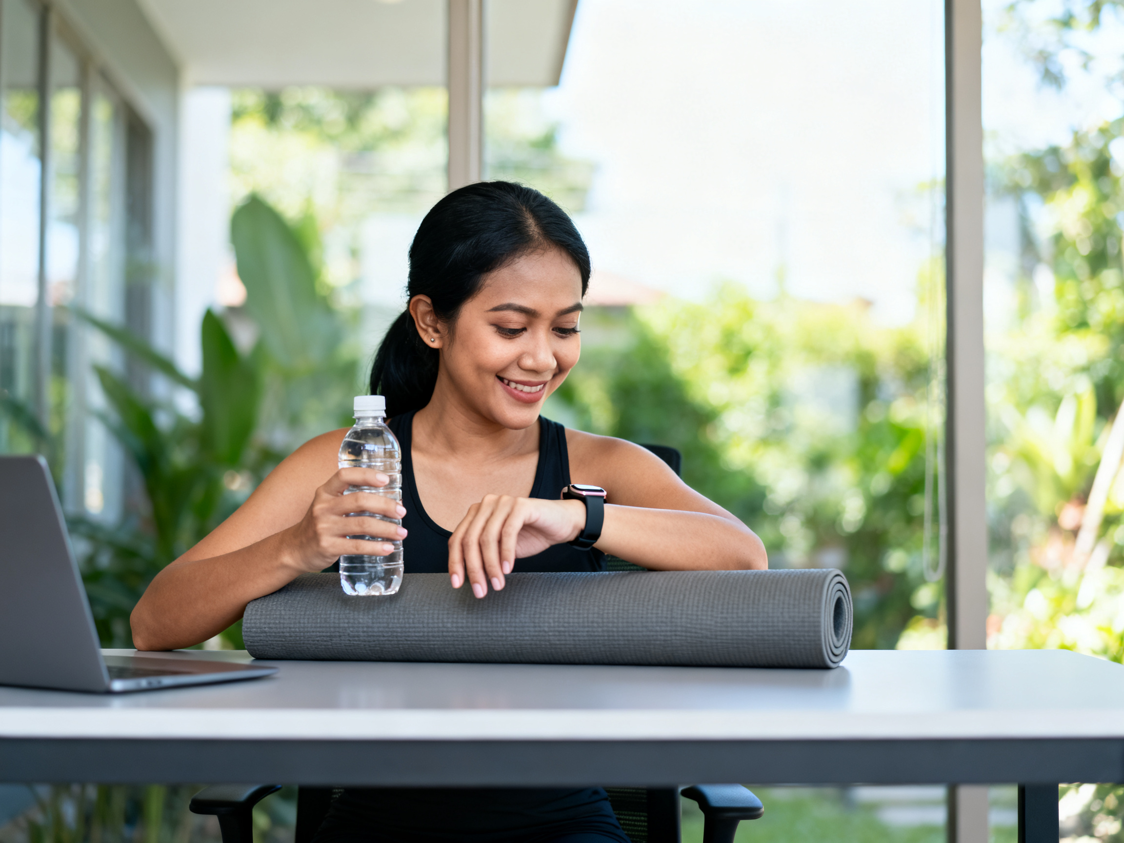 daily healthy activities women practiced by Indonesian woman reviewing fitness tracker during home workout